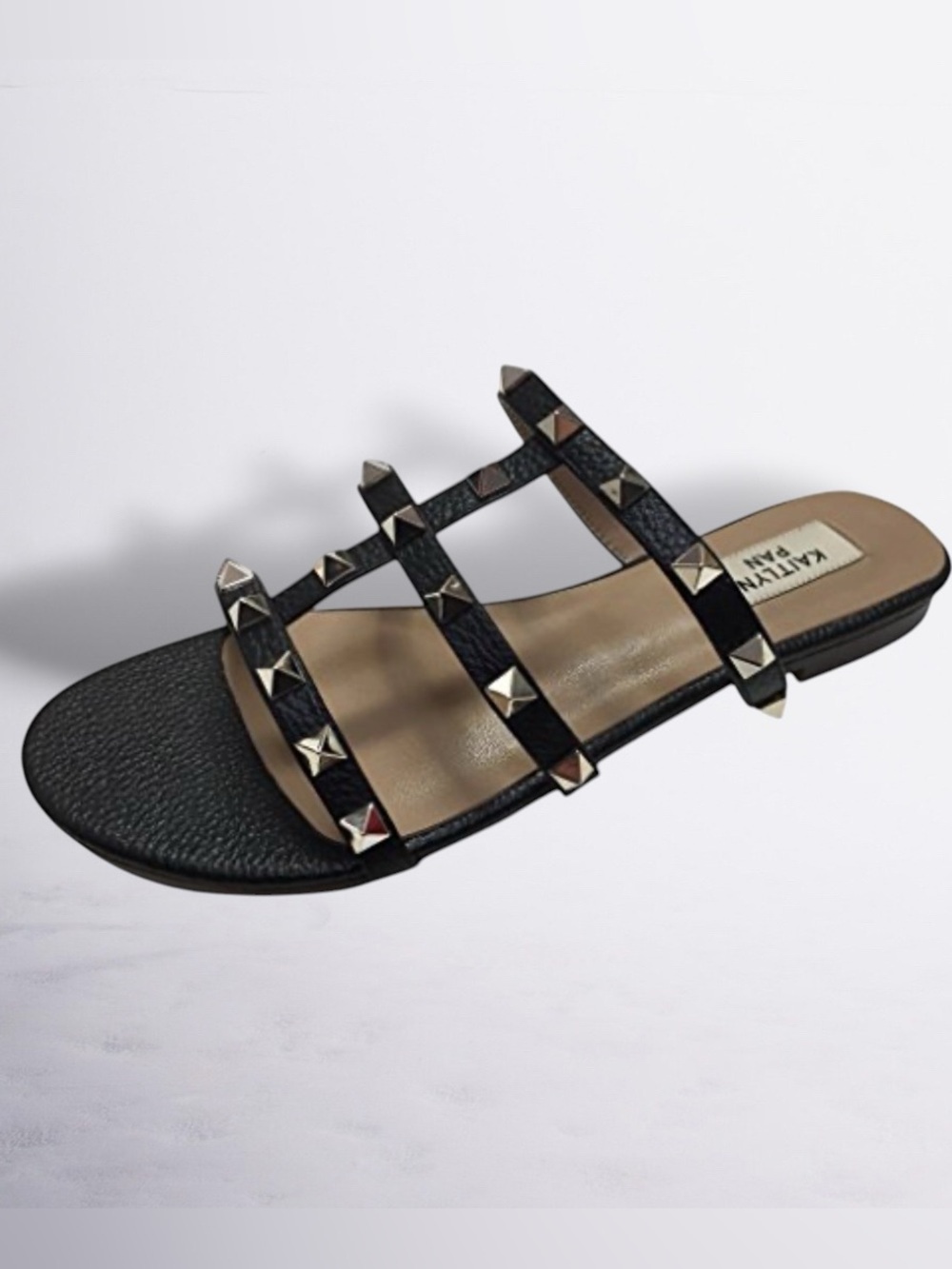 Kaitlyn Pan Women Pyramid Genuine Leather Studded Slide Resort Black Sandals